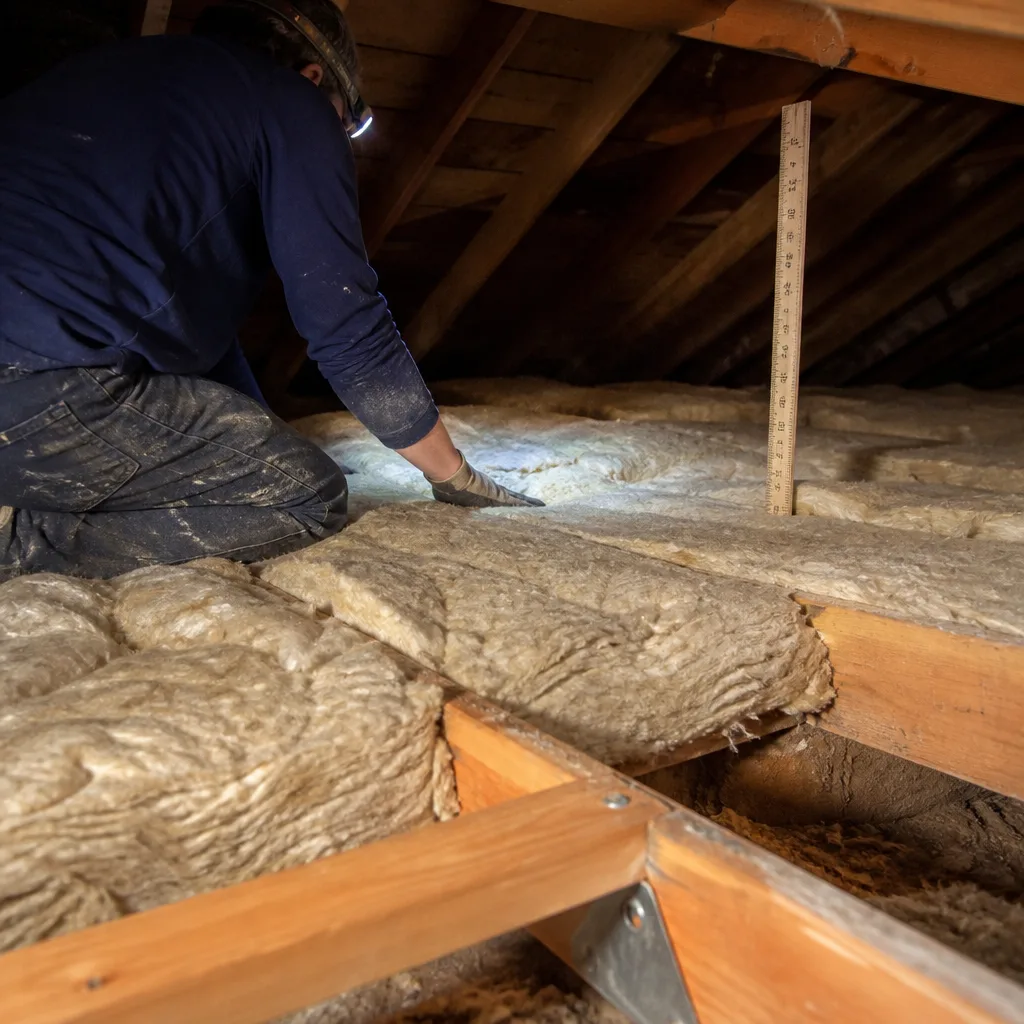 Contractor installing fiberglass batt insulation in an attic
