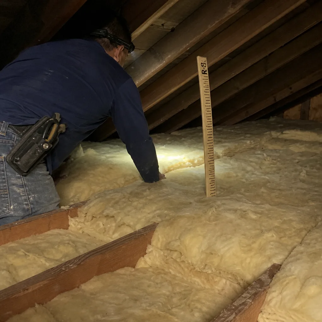 Professional contractor checking residential attic insulation depth with a measurement tool.