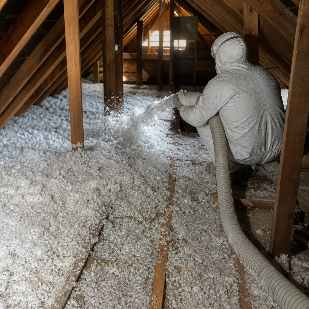 Technician in protective gear installing blown-in attic insulation