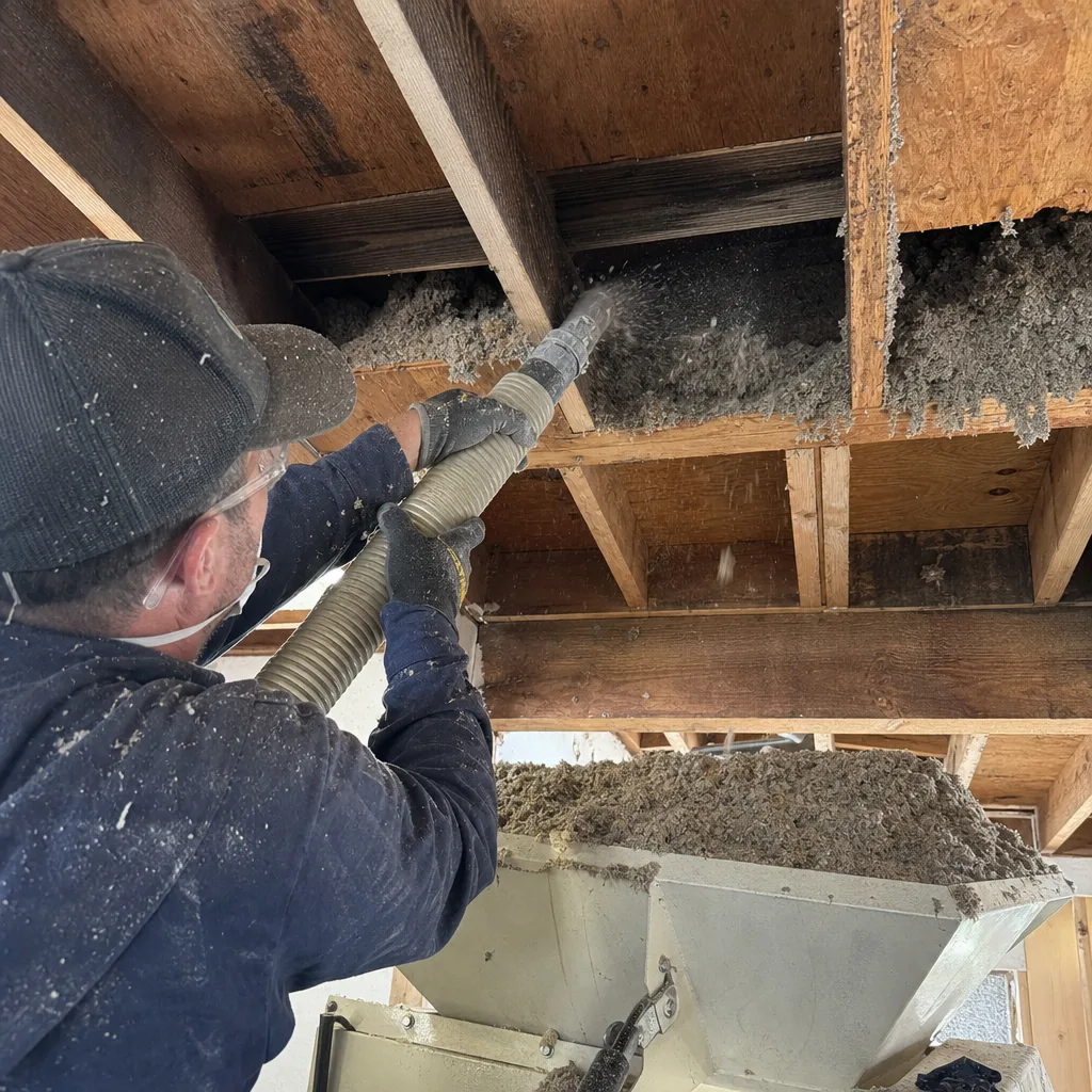 Professional contractor installing blown-in insulation into open ceiling joists