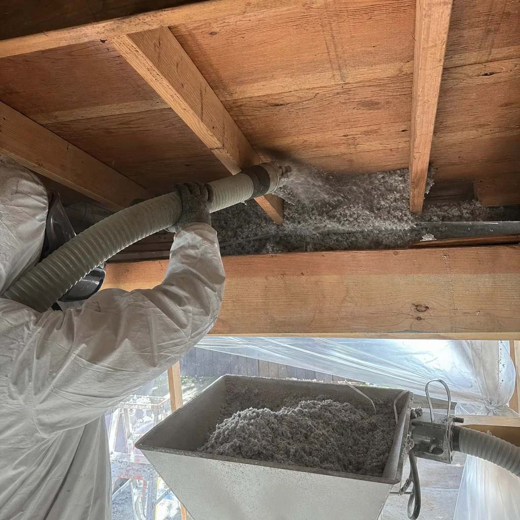 Professional contractor installing blown-in cellulose insulation in an attic.