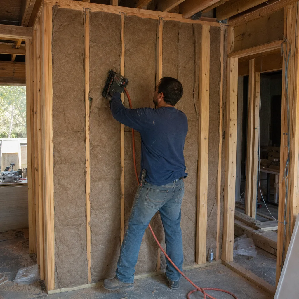 Worker installing batt insulation in a wooden residential wall frame.