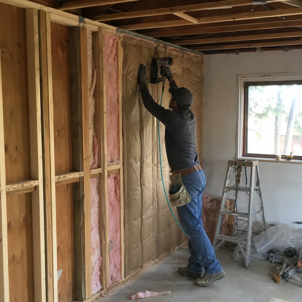 Contractor installing wall insulation with a staple gun in a home