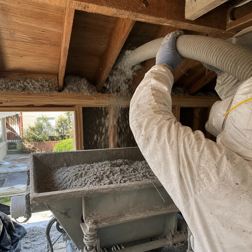 Professional technician performing residential wall cavity insulation removal with vacuum equipment