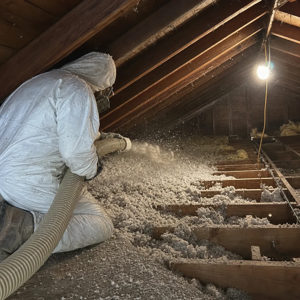 Professional in protective suit performing professional attic insulation removal with vacuum